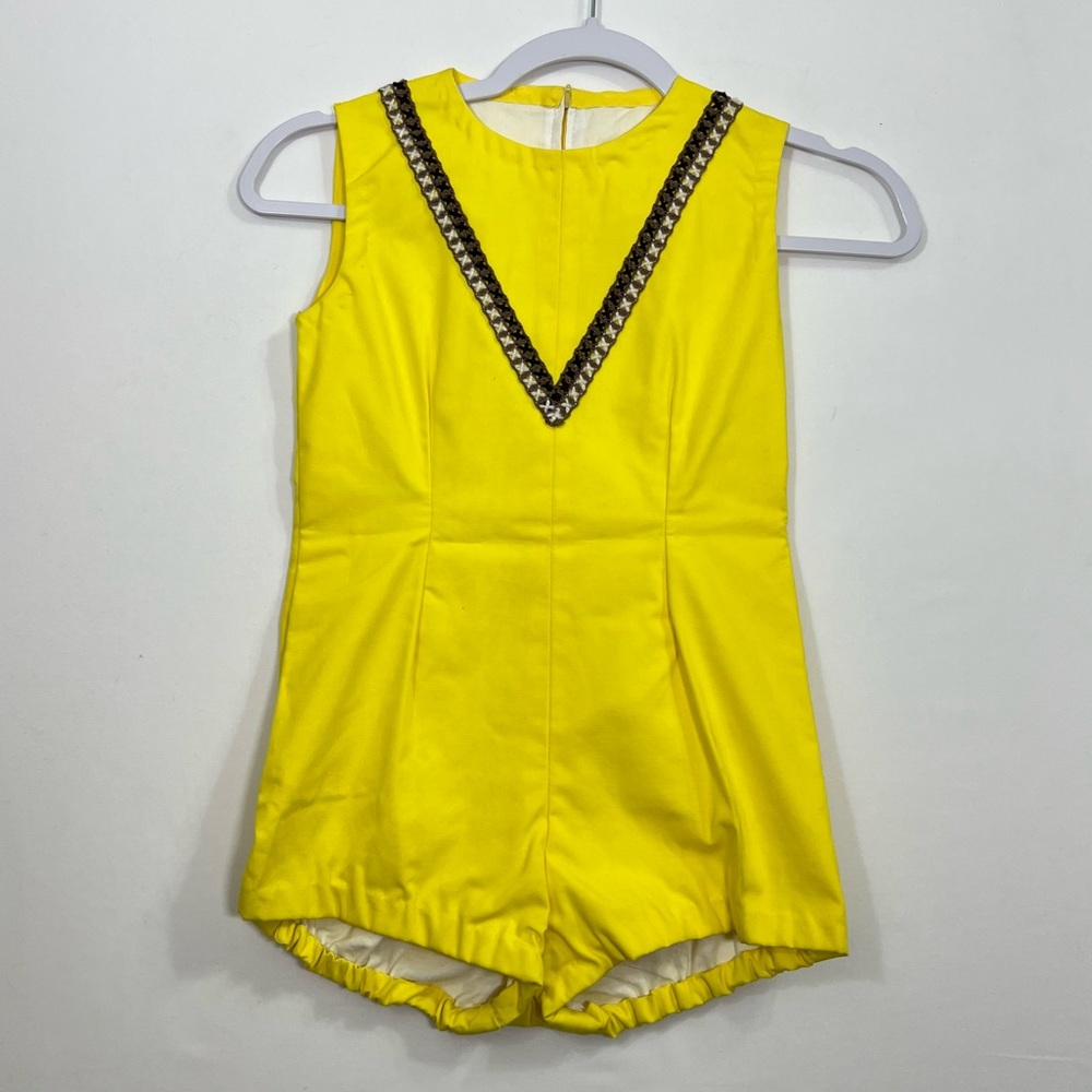 1970s Vintage Romper Playsuit Yellow Crochet Trim Handmade Womens XS Boho Mod